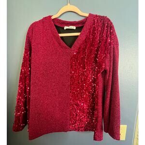 Macaron asymmetrical contrast velvety sequin knit v-neck fuchsia pink sweater M